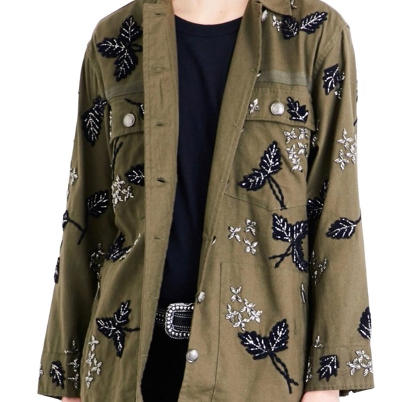 The Kooples Paris Designer Beaded Embroidered Green Parka Coat Women's Jacket S - Picture 1 of 11